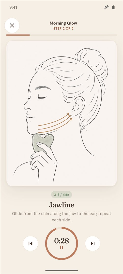 Remi guided gua sha player showing the jawline stroke with a timer
